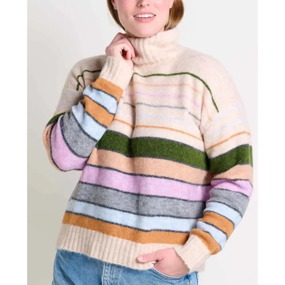 Toad & Co Toddy T-Neck Striped Wool Alpaca Sweater Oatmeal Beige Size XL